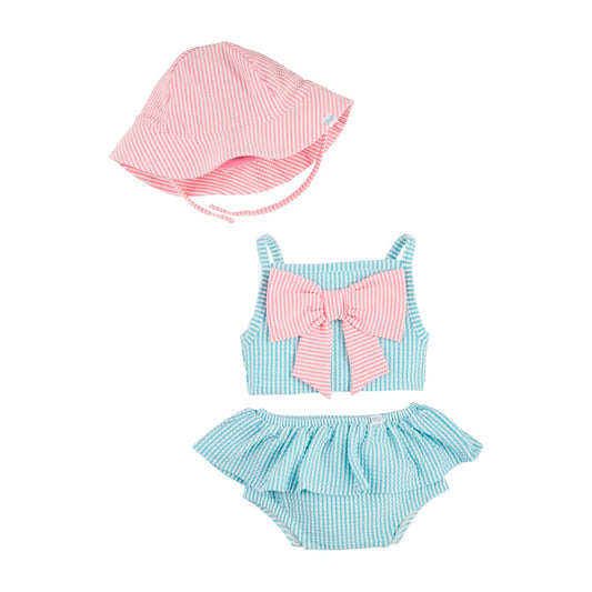 Mudpie Seersucker Swimsuit and Hat Set Girls Pink/Blue