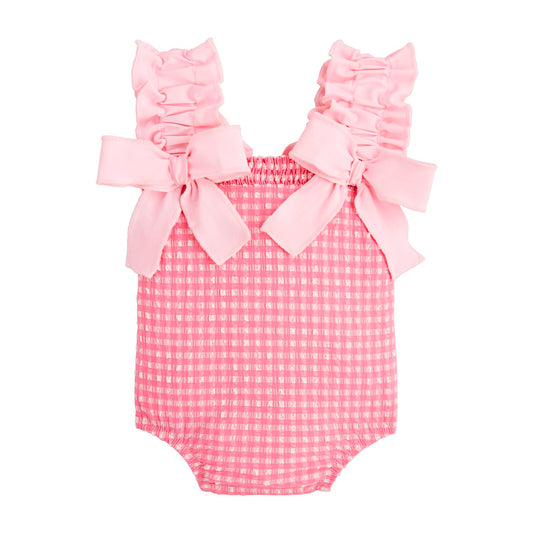 Mudpie Pink Crinkle Check One Piece Bathing Suit Girls