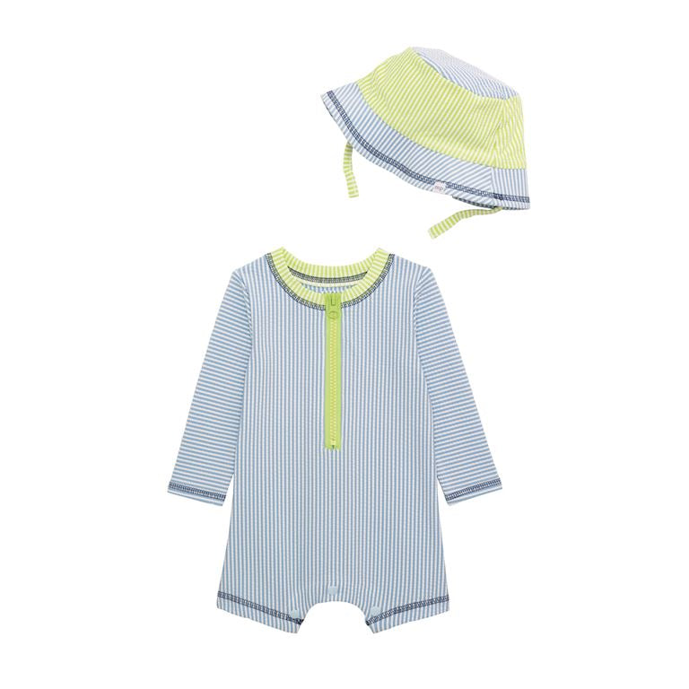Mudpie Blue Seersucker Rash Guard One Piece Set