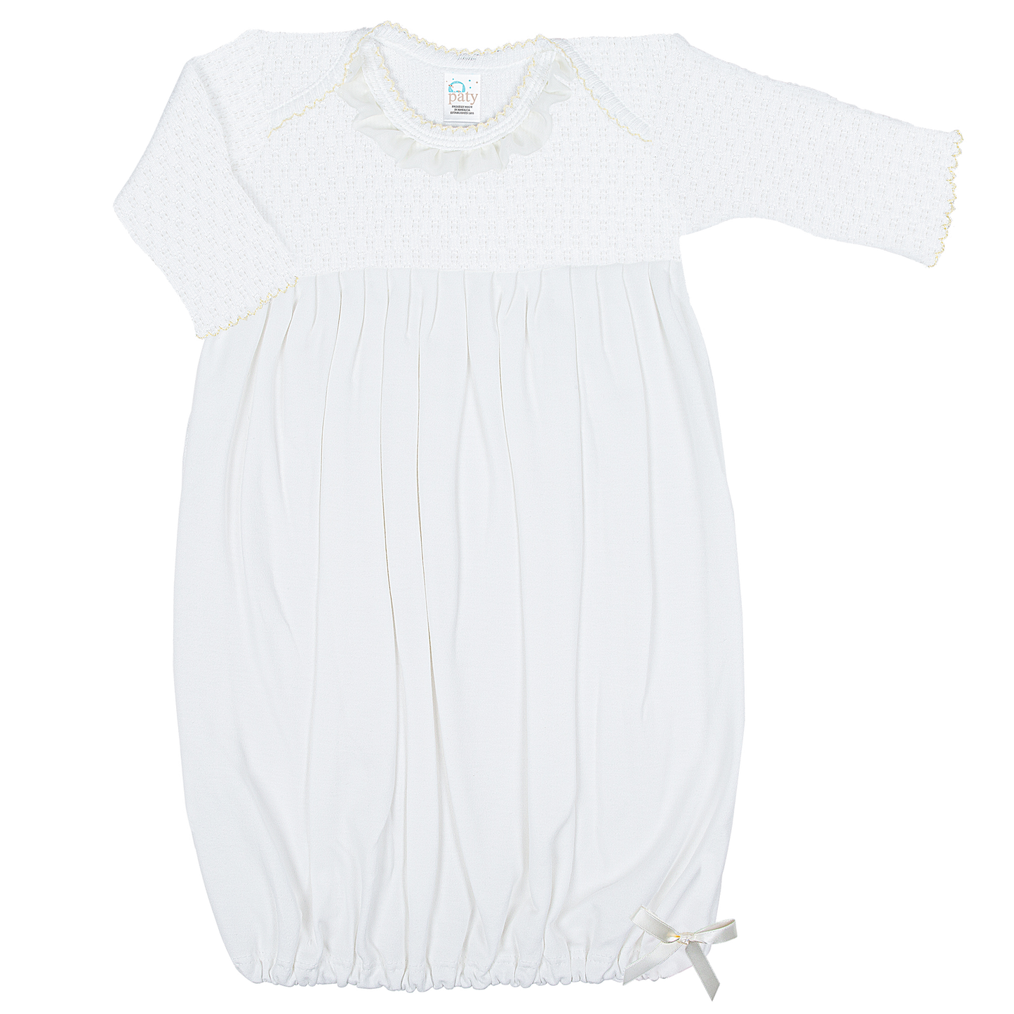 Paty Inc Long Sleeve Newborn White Pima Gown with Chiffon Trim (Ivory/Pink)