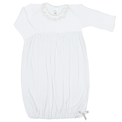 Paty Inc Long Sleeve Newborn White Pima Gown with Chiffon Trim (Ivory/Pink)