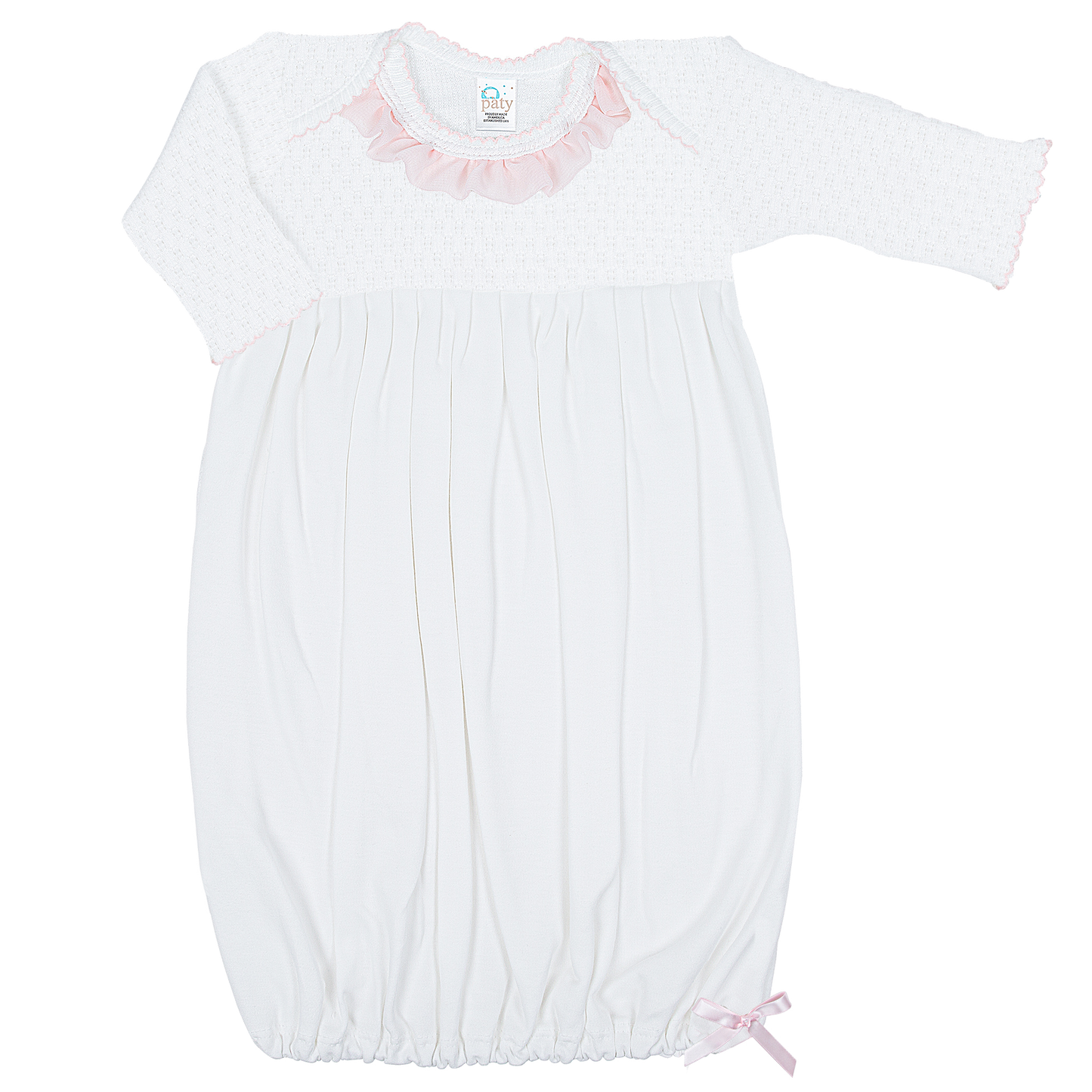 Paty Inc Long Sleeve Newborn White Pima Gown with Chiffon Trim (Ivory/Pink)