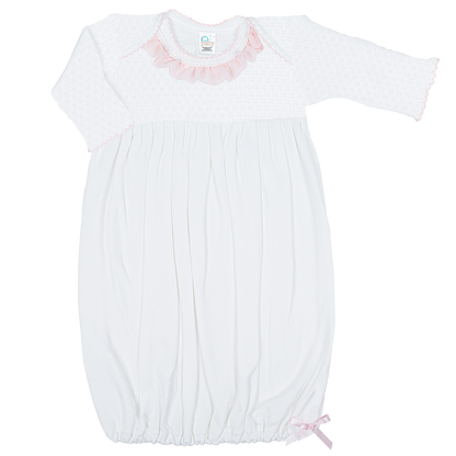 Paty Inc Long Sleeve Newborn White Pima Gown with Chiffon Trim (Ivory/Pink)