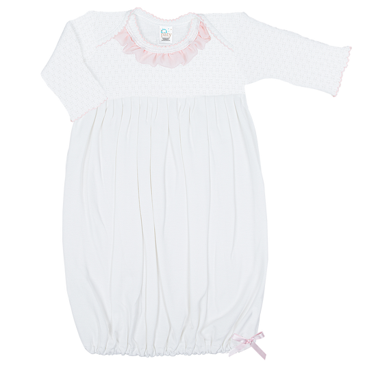 Paty Inc Long Sleeve Newborn White Pima Gown with Chiffon Trim (Ivory/Pink)