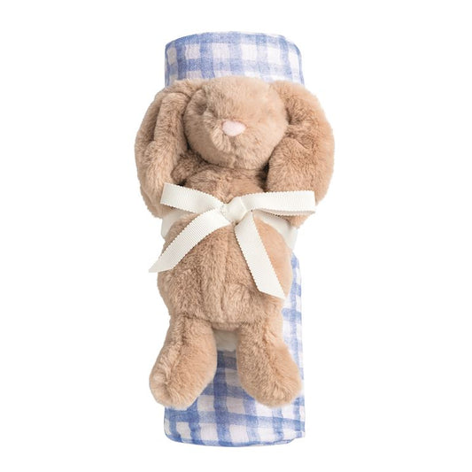 Mudpie Blue Check Swaddle & Bunny Rattle Set