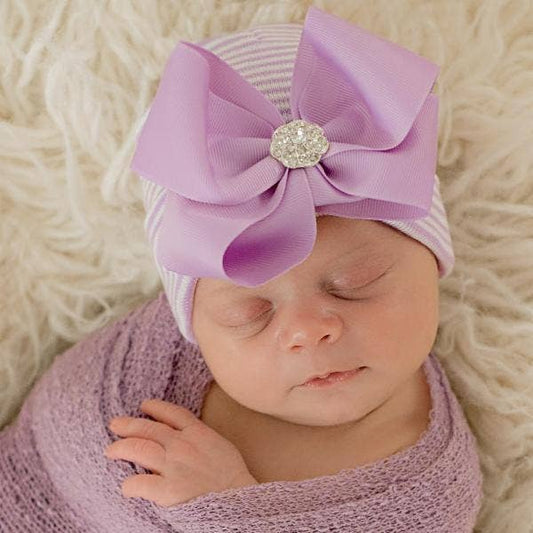 Ily Bean Ciara Bow Purple Striped Baby Hat Purple Bow with Gem