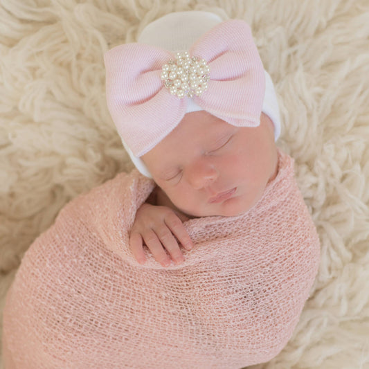 Ily Bean White Baby Beanie with Pink Bow and Rhinestone Pearl