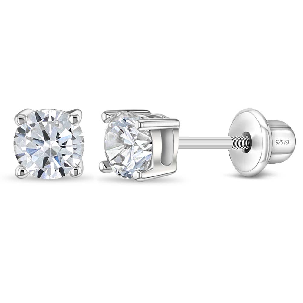 In Season Jewelry - Round Solitaire 4mm Toddler Kids Earrings - Sterling Silver