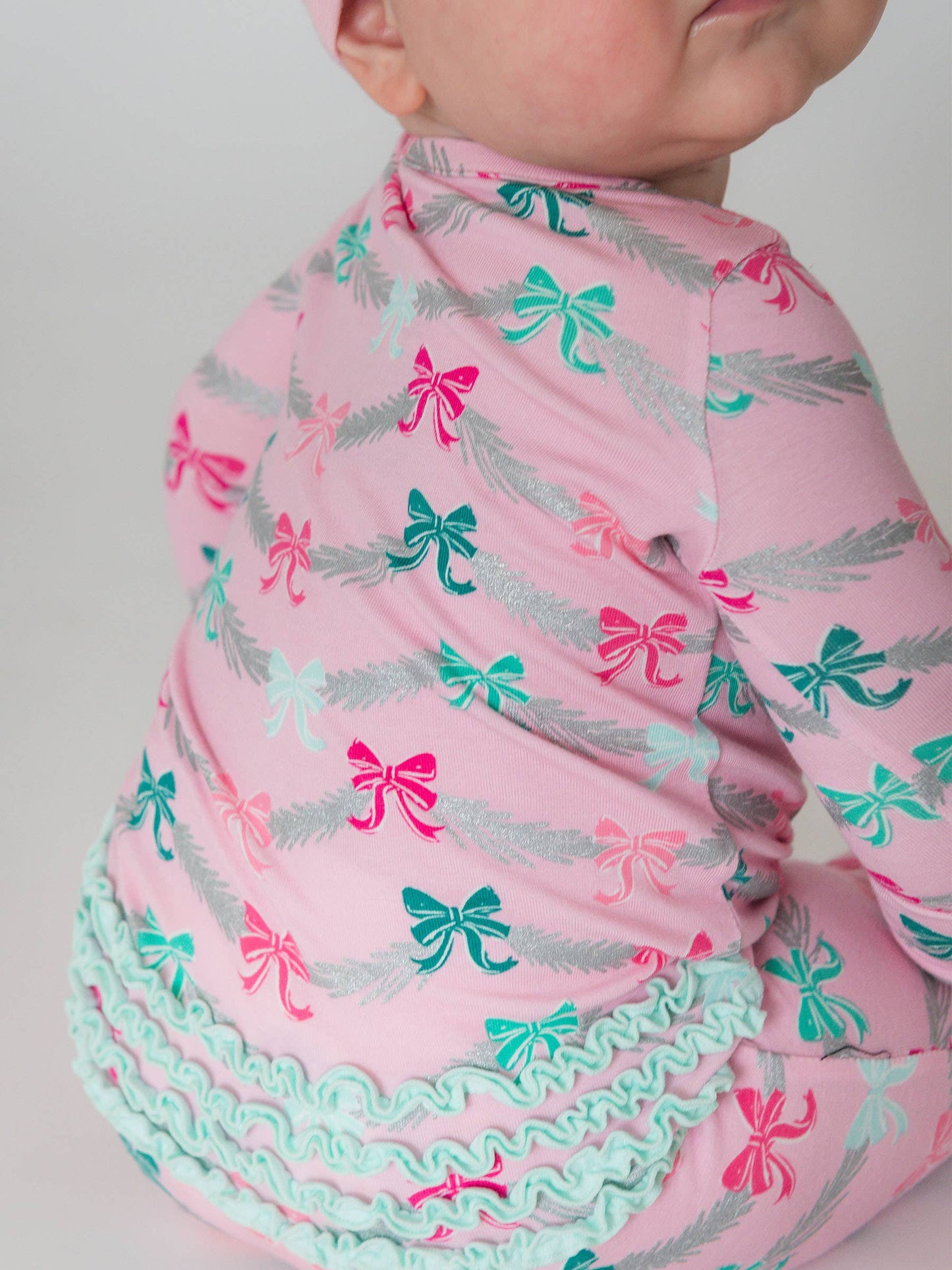 RuffleButts + RuggedButts - SoftSnooze™ Baby Girls Cotton Modal Sparkle Pink Tinsel Tidings Footed Ruffle One Piece Pajama