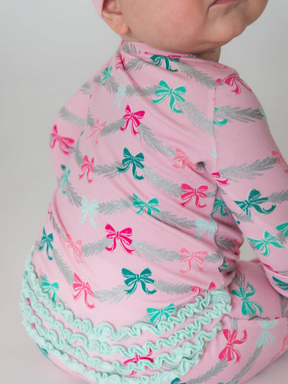 RuffleButts + RuggedButts - SoftSnooze™ Baby Girls Cotton Modal Sparkle Pink Tinsel Tidings Footed Ruffle One Piece Pajama