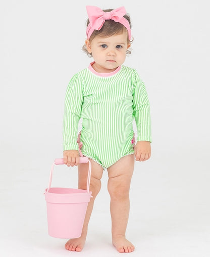 Ruffle Butts Green Seersucker Long Sleeve One Piece Rash Guard