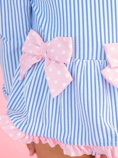 RuffleButts Periwinkle Blue Seersucker Long Sleeve One Piece Bow Peplum Rash Guard Swimsuit