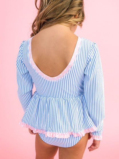 RuffleButts Periwinkle Blue Seersucker Long Sleeve One Piece Bow Peplum Rash Guard Swimsuit
