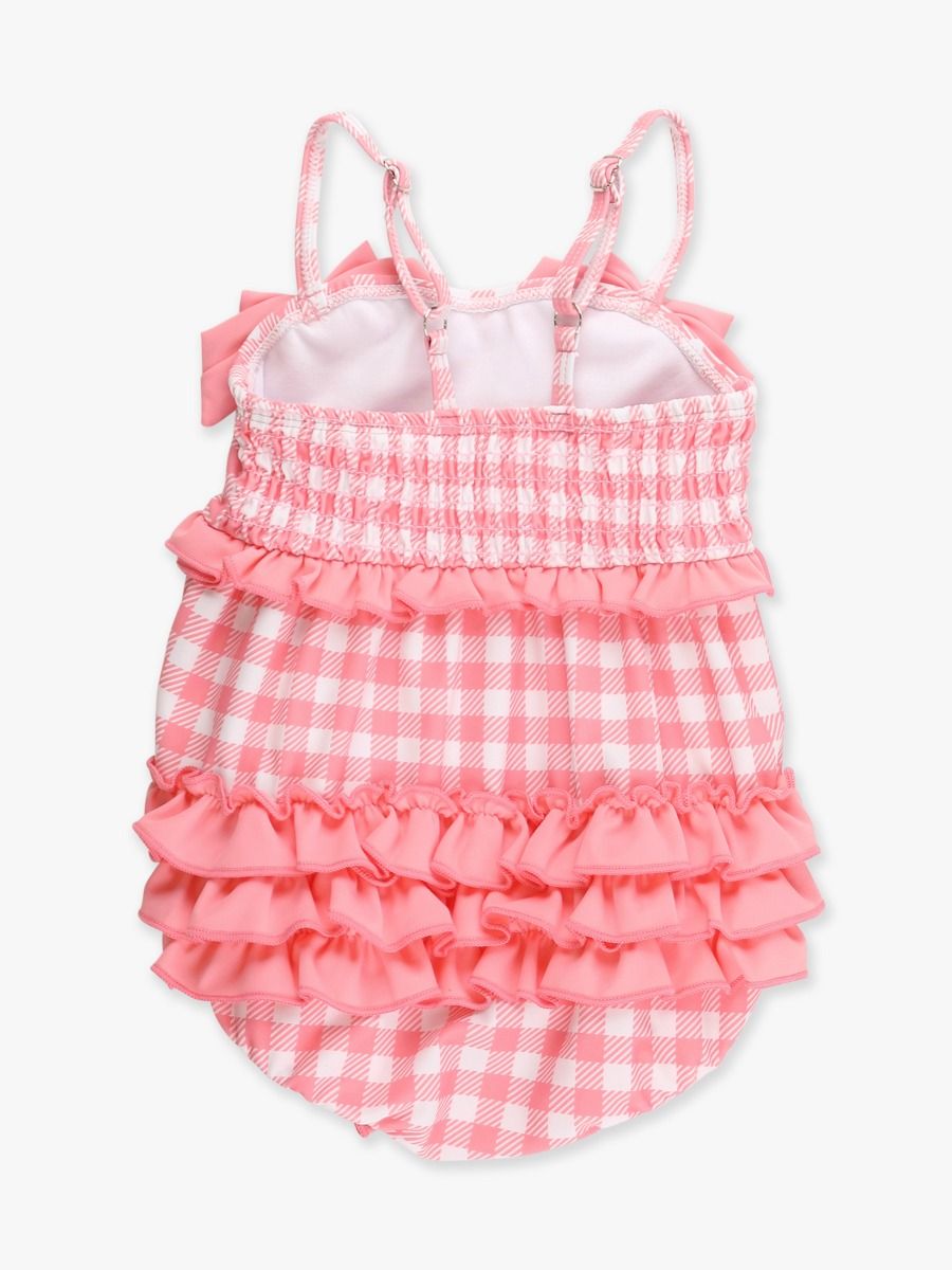 RuffleButts Bubblegum Pink Gingham One Piece Bow Bubble Swimsuit