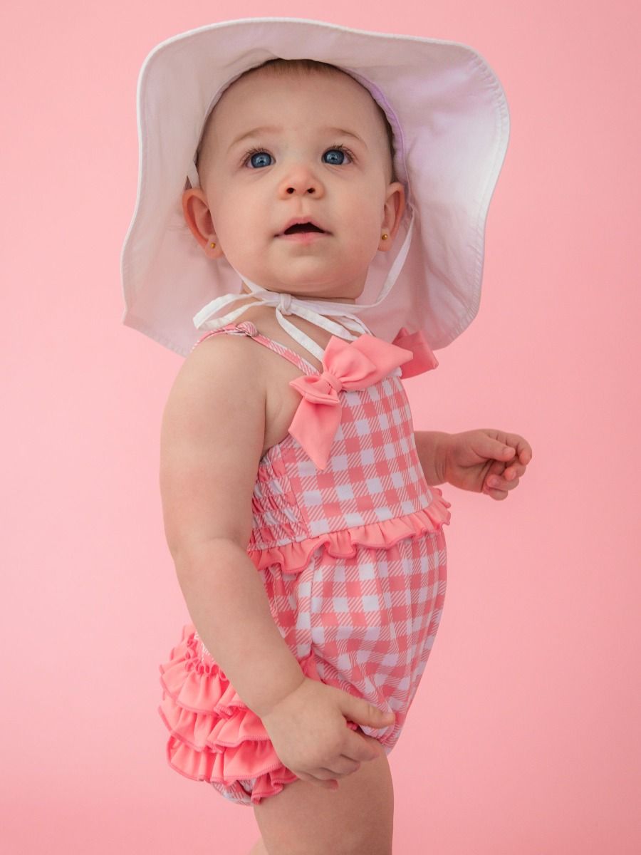 RuffleButts Bubblegum Pink Gingham One Piece Bow Bubble Swimsuit