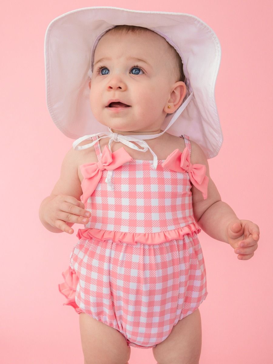 RuffleButts Bubblegum Pink Gingham One Piece Bow Bubble Swimsuit