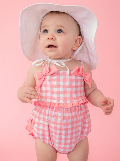 RuffleButts Bubblegum Pink Gingham One Piece Bow Bubble Swimsuit