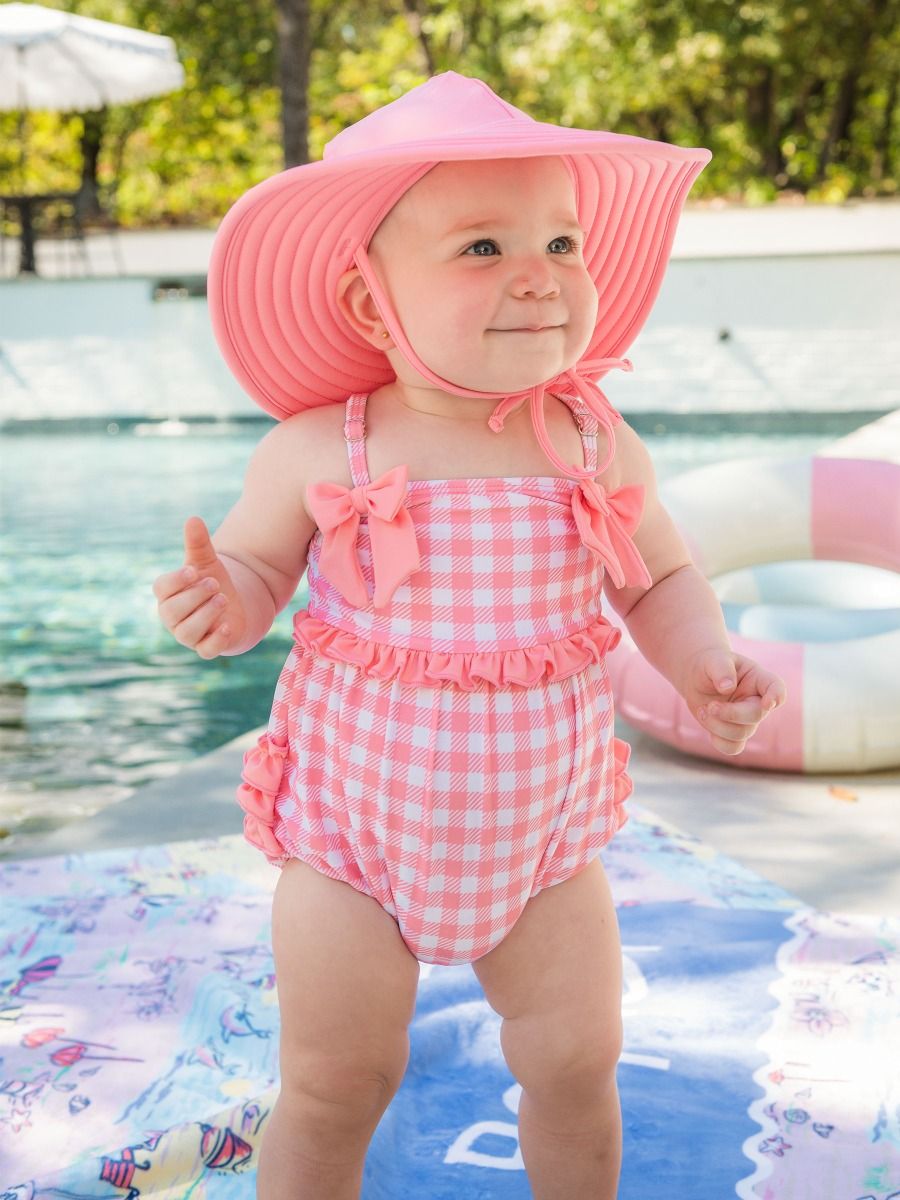 RuffleButts Bubblegum Pink Gingham One Piece Bow Bubble Swimsuit