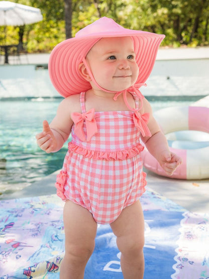 RuffleButts Bubblegum Pink Gingham One Piece Bow Bubble Swimsuit