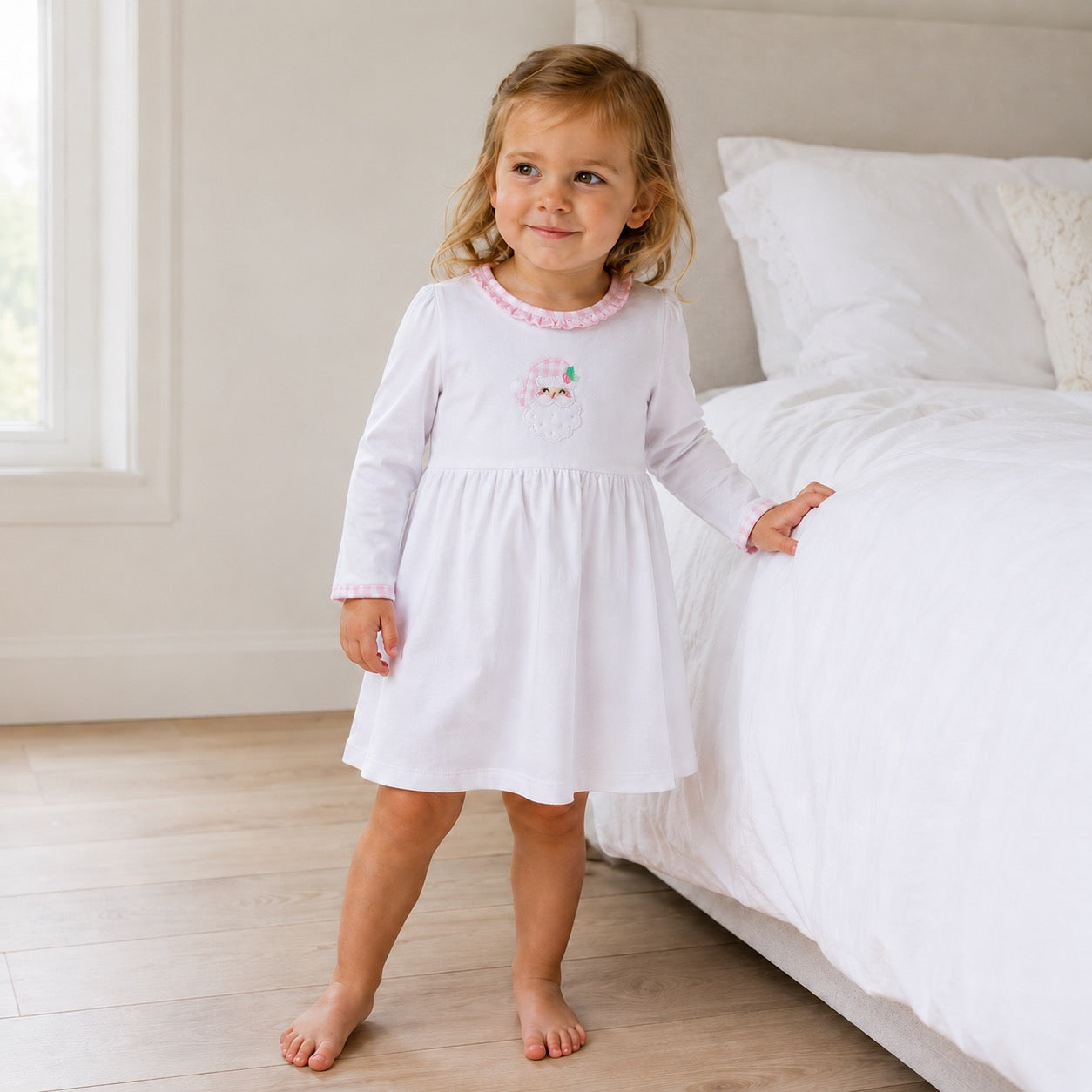 Magnolia Baby Sweet St. Nick Applique Ruffle Long Sleeve Dress - Pink