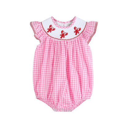 Lil Cactus - Pink Gingham Crawfish Smocked Flutter Romper