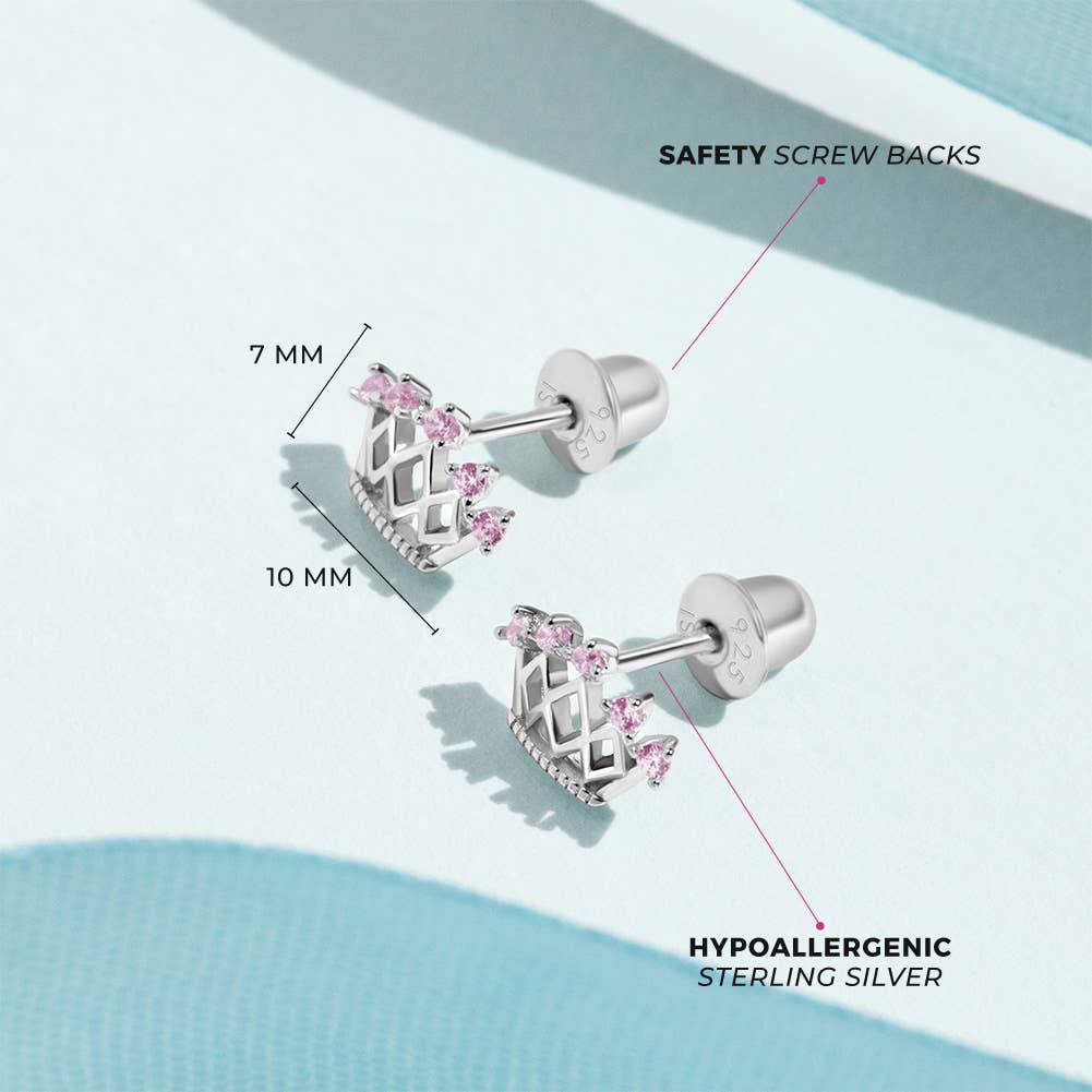 In Season Jewelry - 5 Point CZ Crown Baby / Toddler Earrings - Sterling Silver