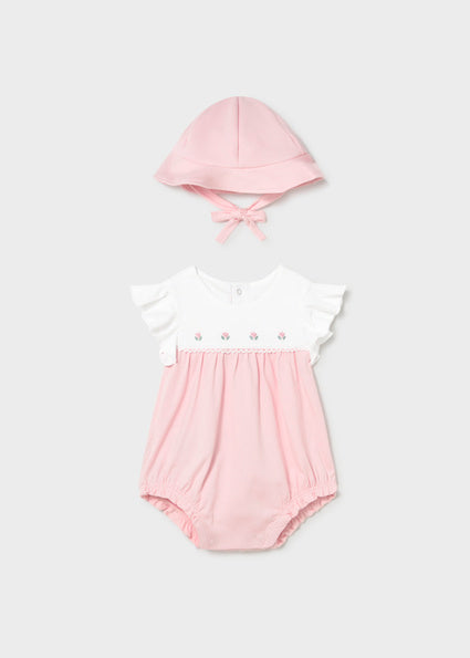 Mayoral Floral Romper with Hat Pink