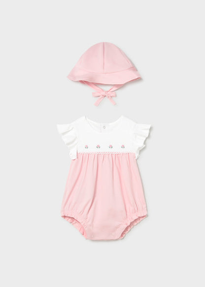 Mayoral Floral Romper with Hat Pink