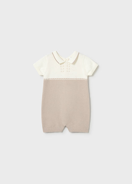 Mayoral Newborn Boy Knit Romper with Collar - Khaki/White