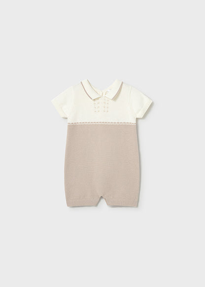 Mayoral Newborn Boy Knit Romper with Collar - Khaki/White