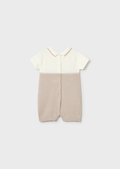 Mayoral Newborn Boy Knit Romper with Collar - Khaki/White