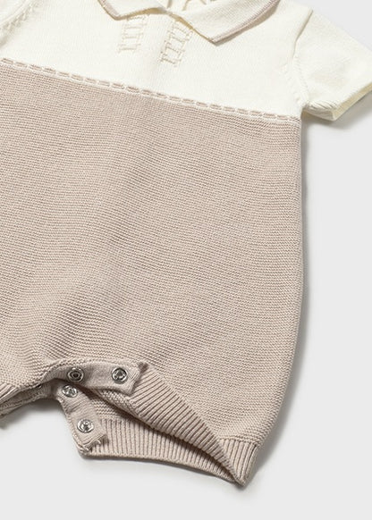 Mayoral Newborn Boy Knit Romper with Collar - Khaki/White