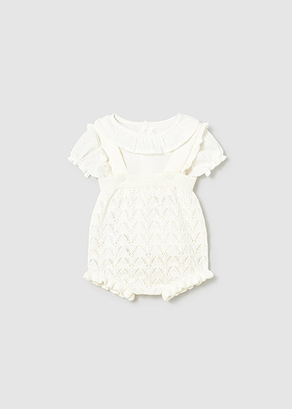 Mayoral Knit Girl Dungaree and Blouse Set - Cream