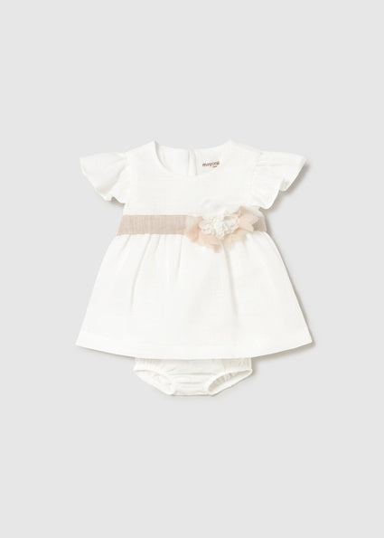 Mayoral Girl Dress with Floral Sash & Bloomers - Cream/Linen