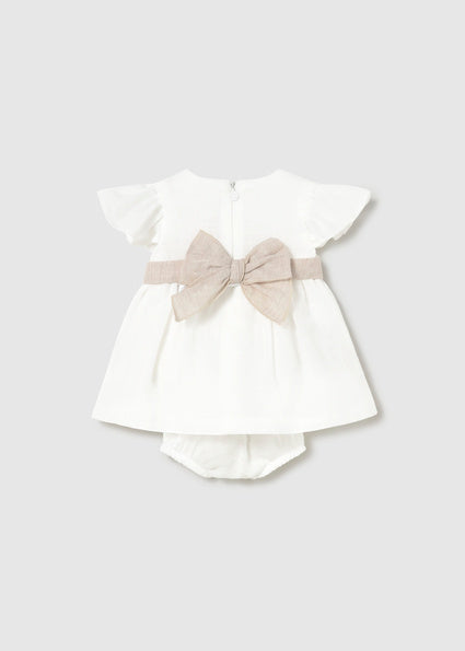 Mayoral Girl Dress with Floral Sash & Bloomers - Cream/Linen