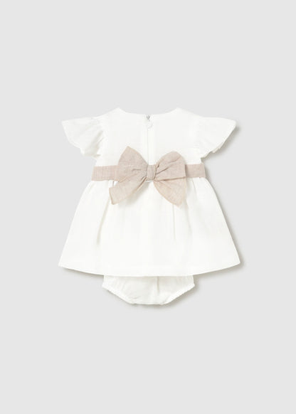 Mayoral Girl Dress with Floral Sash & Bloomers - Cream/Linen