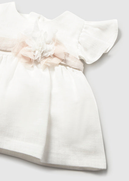 Mayoral Girl Dress with Floral Sash & Bloomers - Cream/Linen