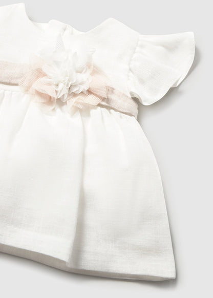 Mayoral Girl Dress with Floral Sash & Bloomers - Cream/Linen