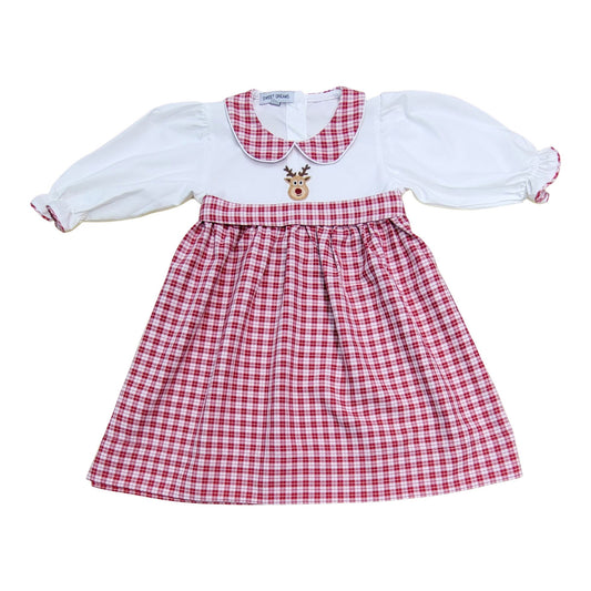 Sweet Dreams Rudolph Embroidered White & Red Plaid Dress