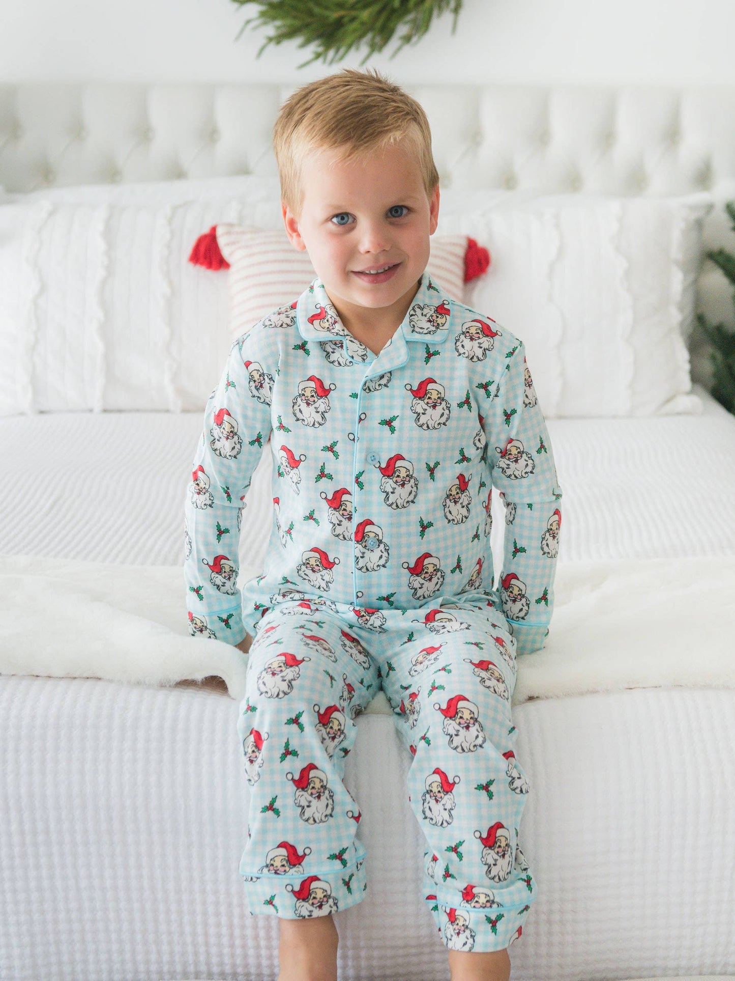 RuffleButts + RuggedButts - SoftSnooze™ Boys Blue Dear Santa Long Sleeve Button Up Pajama Set
