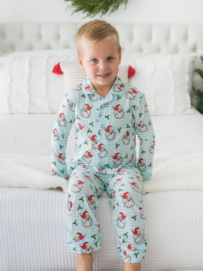 RuffleButts + RuggedButts - SoftSnooze™ Boys Blue Dear Santa Long Sleeve Button Up Pajama Set