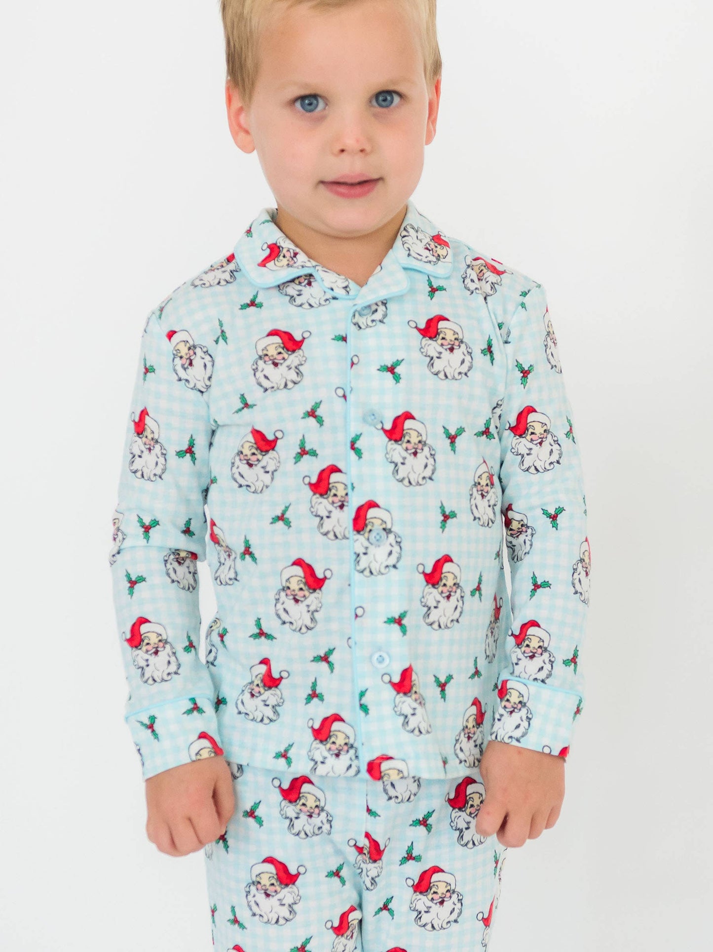RuffleButts + RuggedButts - SoftSnooze™ Boys Blue Dear Santa Long Sleeve Button Up Pajama Set