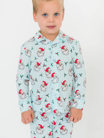 RuffleButts + RuggedButts - SoftSnooze™ Boys Blue Dear Santa Long Sleeve Button Up Pajama Set