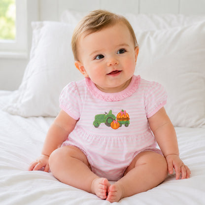 Magnolia Baby Pumpkin Tractor Applique Ruffle Bubble - Pink