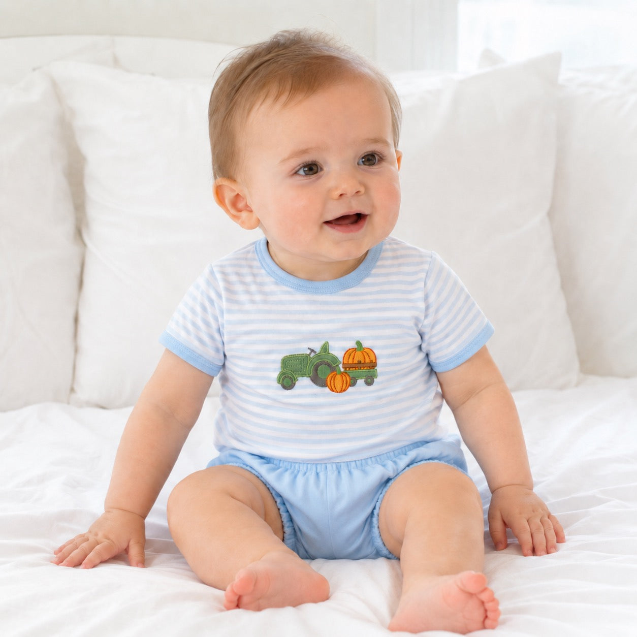 Magnolia Baby Pumpkin Tractor Applique Diaper Cover Set -Light Blue