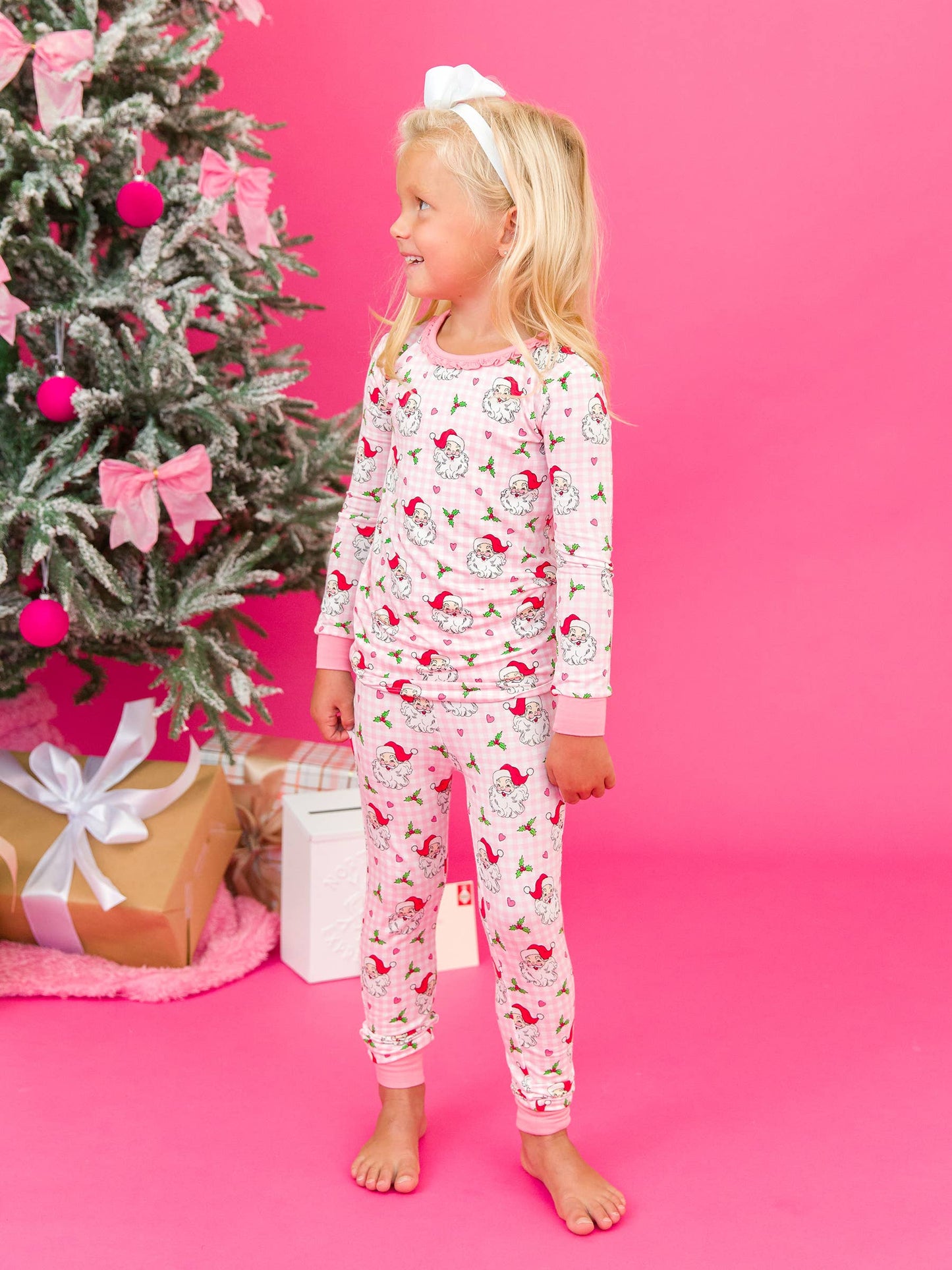 RuffleButts + RuggedButts - SoftSnooze™ Toddler Girls Bamboo Viscose Pink Dear Santa Ruffle Long Sleeve Pajama Set with Signature Rear Ruffles