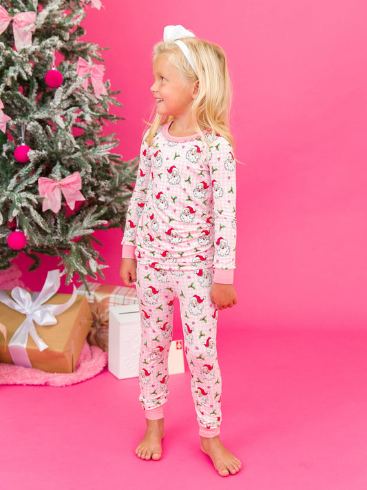 RuffleButts + RuggedButts - SoftSnooze™ Toddler Girls Bamboo Viscose Pink Dear Santa Ruffle Long Sleeve Pajama Set with Signature Rear Ruffles