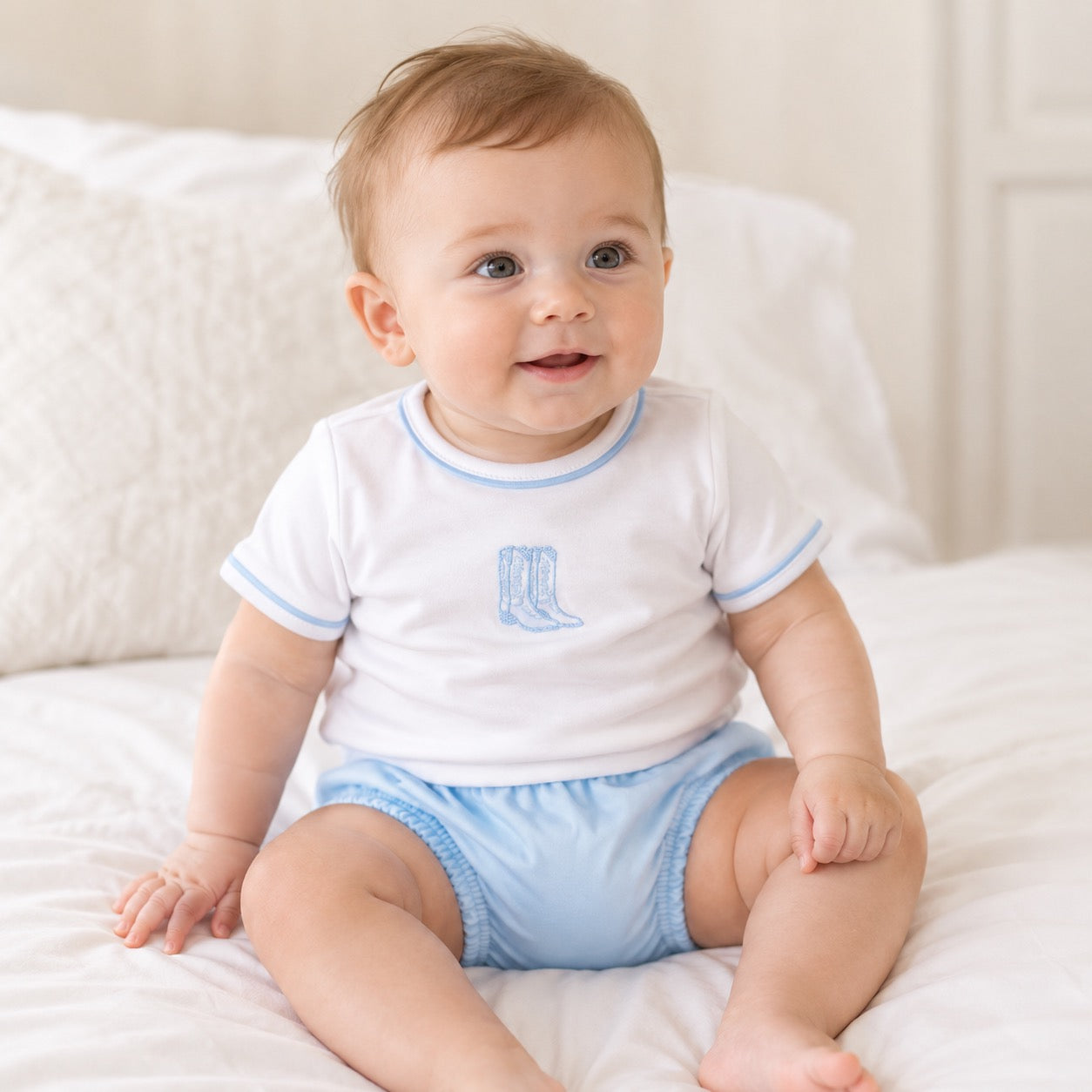 Magnolia Baby Darling Cowboy Boots Diaper Cover Set with Socks - Light Blue