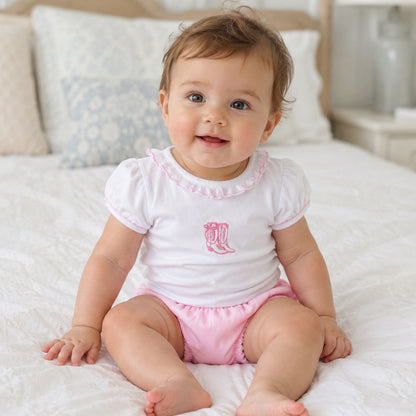 Magnolia Baby Darling Cowboy Boots Ruffle Diaper Cover Set with Socks - Pink