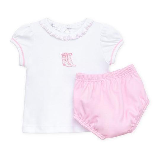 Magnolia Baby Darling Cowboy Boots Ruffle Diaper Cover Set with Socks - Pink